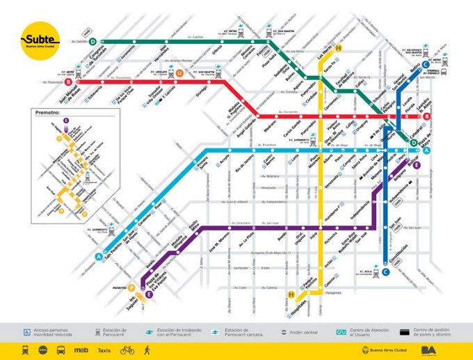 Mapa atualizado das linhas de metrô em Buenos Aires
