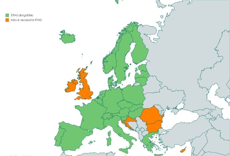 Mapa dos países que passam a exigir o ETIAS a partir de 2021
